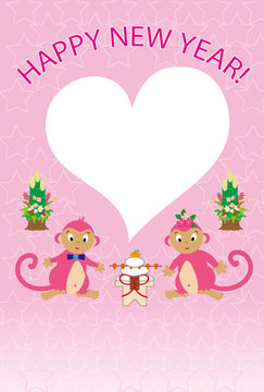 可愛いピンクの猿とハート形フォトフレーム年賀状