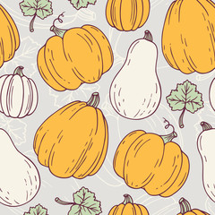 Hand drawn halloween seamless pattern with pumpkins and leves