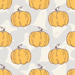 Hand drawn halloween pumpkins seamless pattern with ghosts