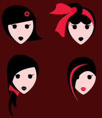 Set of girls with various hair style with accessory on dark red background.