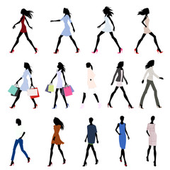 Fototapeta na wymiar Set of walking fashion women 