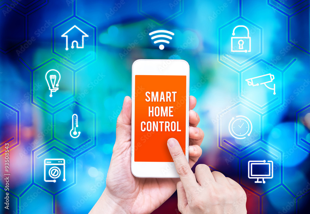 Poster hand holding smart phone with home control application with blur