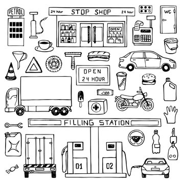 Hand drawn doodle set with filling station