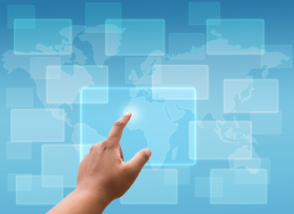 hand pushing a button on a touch screen interface with social network
