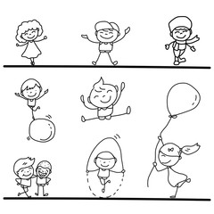 set of hand drawing cartoon happy kids playing