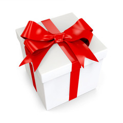 3d white gift with red ribbon isolated on white background