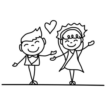 hand drawing cartoon happy couple wedding