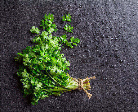 wet Fresh Green parsley on dark stone background