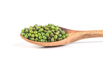 close up green mung beans in wooden spoon on white background
