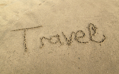 The Word 'travel' Written in Sand Background