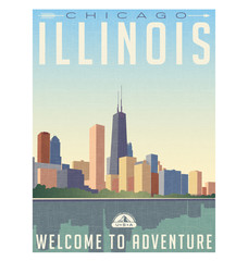 vintage style travel poster or luggage sticker of chicago Illinois skyline - obrazy, fototapety, plakaty
