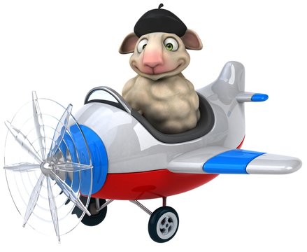 sheep in airplane, wearing beret, flying