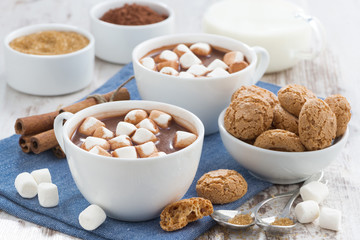 cocoa with marshmallows and almond cookies on wooden table