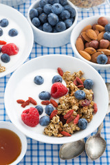 delicious breakfast with granola, berries and yogurt, vertical
