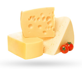 Variety of cheese on white background