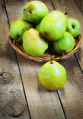 Fresh organic pears on old wood. Pear autumn harvest
