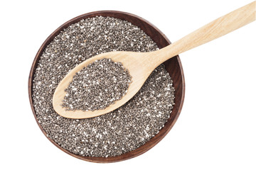 chia seeds in a wooden scoop on wood cup ,isolated