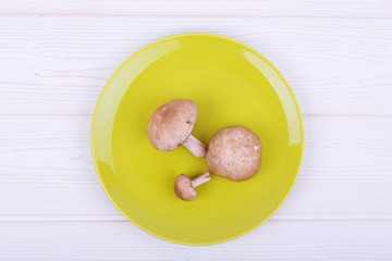 edible mushrooms on a plate and a bright white wooden background. science of mycology