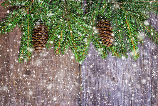 Spruce branches with cones on wooden boards. Christmas
