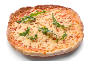 Cheese pizza with arugula isolated on white