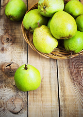 Fresh organic pears on old wood. Pear autumn harvest