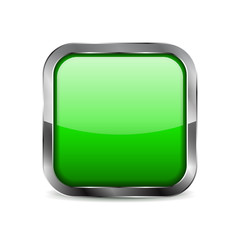 Button. Green shiny glass square web element with metal frame. 