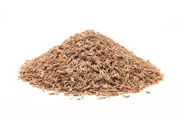 Pile of Organic Caraway (Carum carvi) isolated on white background.