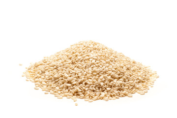 Pile of Organic Sesame white (Sesamum indicum) isolated on white background.