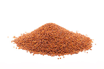 Pile of Organic Small Brown Mustard Seeds (Brassica juncea) isolated on white background.