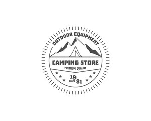 Vintage camping store badge, outdoor logo, emblem and label