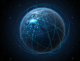 Planet With Illuminated Network And Light Trails
