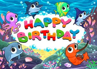Fotobehang Gelukkige verjaardagskaart met zeeleven © ddraw