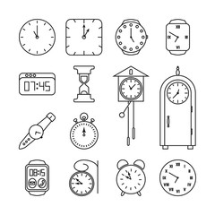 Clock and time vector line icons set