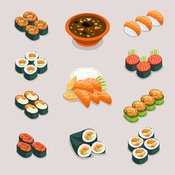 Asia Food Icons. Rolls Sushi, Miso Soup And Sashimi