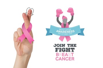 Obraz premium Composite image of crossed fingers with breast cancer ribbon