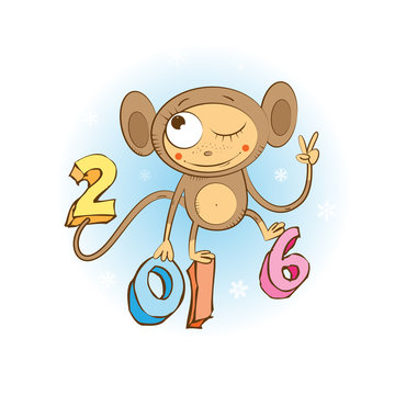 Vector New Year's postcard with cute cartoon monkey.
