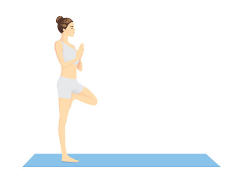 Woman beginning in Yoga with Tree Pose or Vrksasana on blue exercise mat in side view. This pose is performed to warm up.