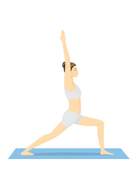 Woman doing yoga workout on blue mat in warrior posture.