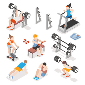 Isometric gym workout flat vector set. Men and women pumping
