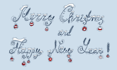 Merry Christmas and Happy New Year text on blue