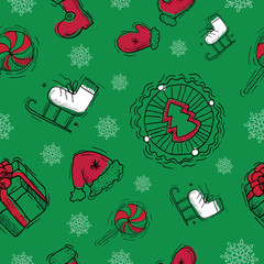 Seamless background with Christmas objects on green