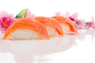 Salmon sushi nigiri isolated on white background