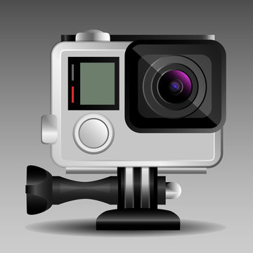Small action camera in a protective case. Detailed vector illustration.