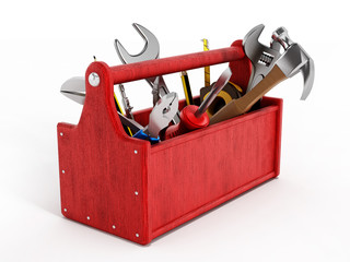 Red toolbox full of hand tools - obrazy, fototapety, plakaty