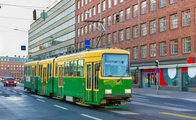 Fototapeta na wymiar Tram in the city centre of Helsinki - Finland