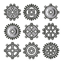 Pixel gears for games icons vector set
