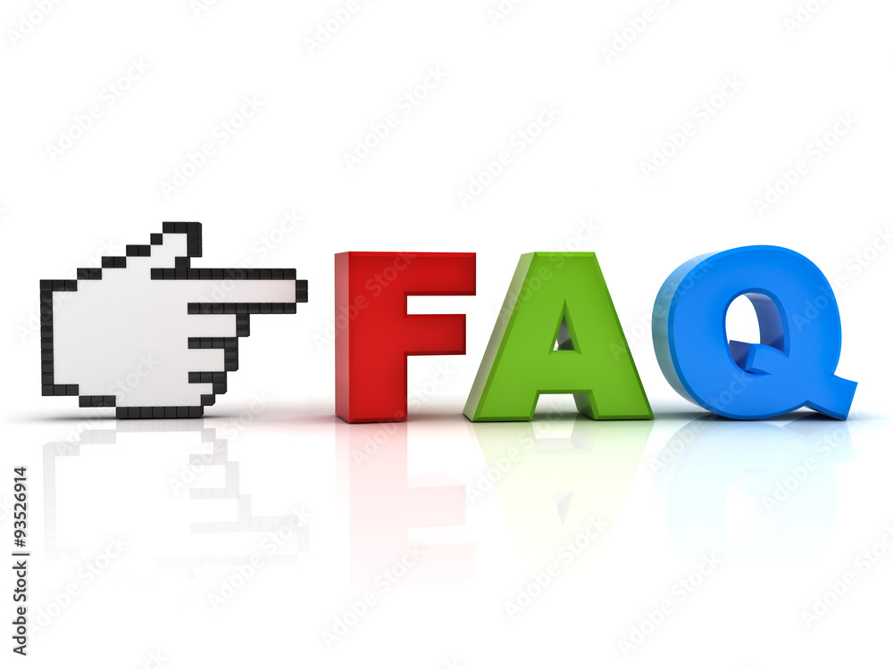 Poster Hand cursor pointing at colorful word faq frequently asked questions concept isolated over white background