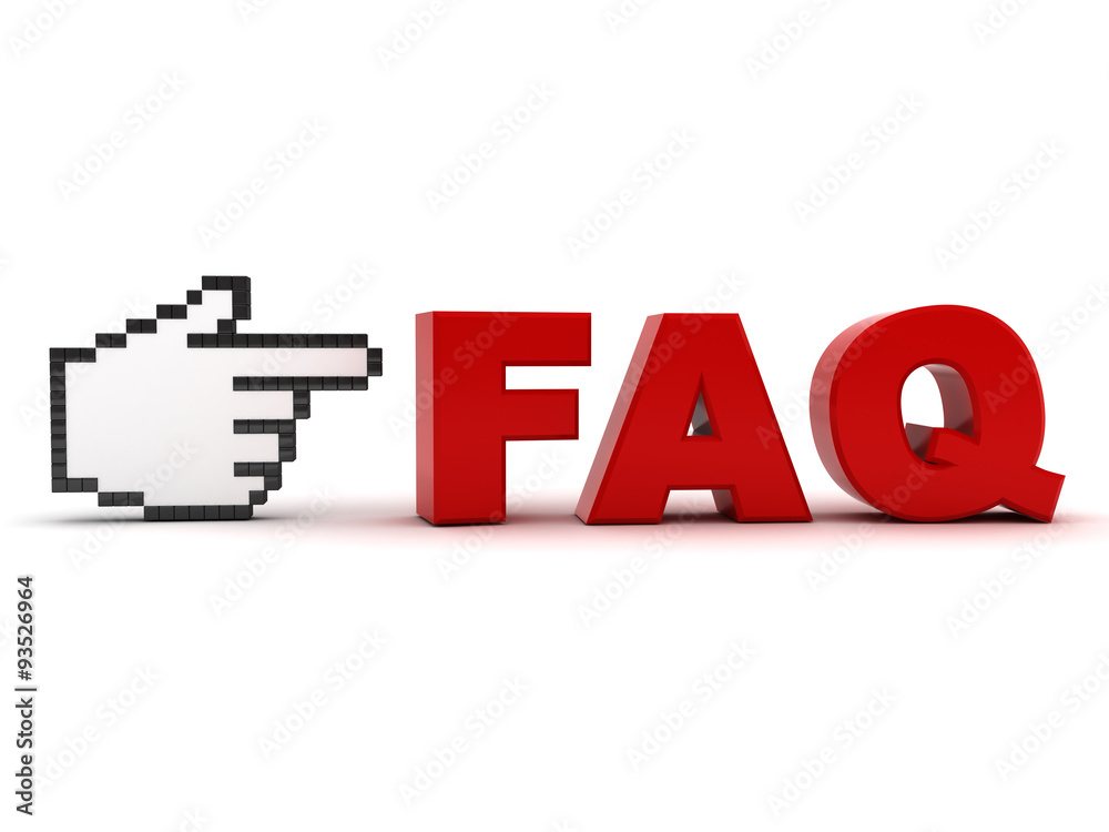 Poster Hand cursor pointing at red word faq frequently asked questions concept isolated over white background