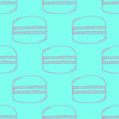 Red Hand-drawn Macarons Outline Pattern on Blue Background