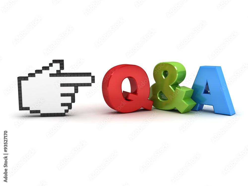 Poster Hand cursor pointing at Q and A questions and answers concept isolated over white background